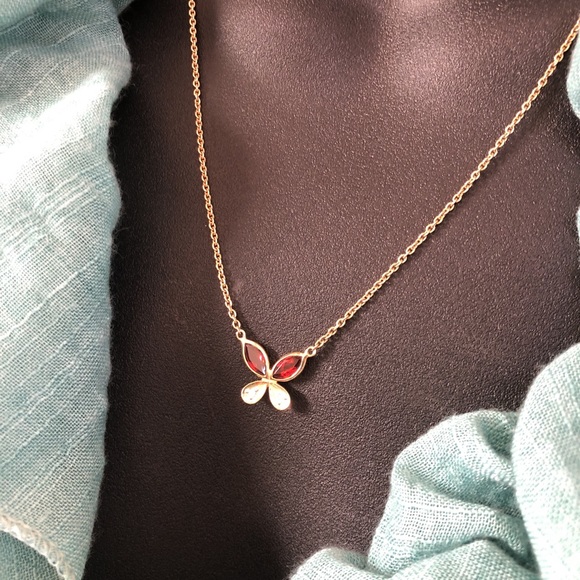 Solid Stamped 14K Yellow Gold Italy Natural Garnet & Diamond Butterfly Necklace - Picture 11 of 16